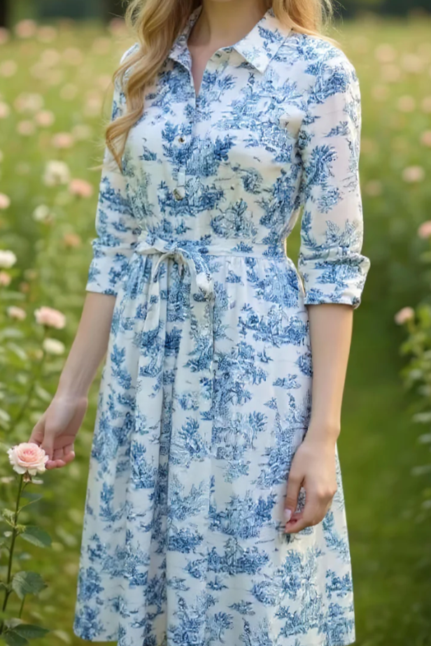 3/4 Sleeve Printed Midi Dress